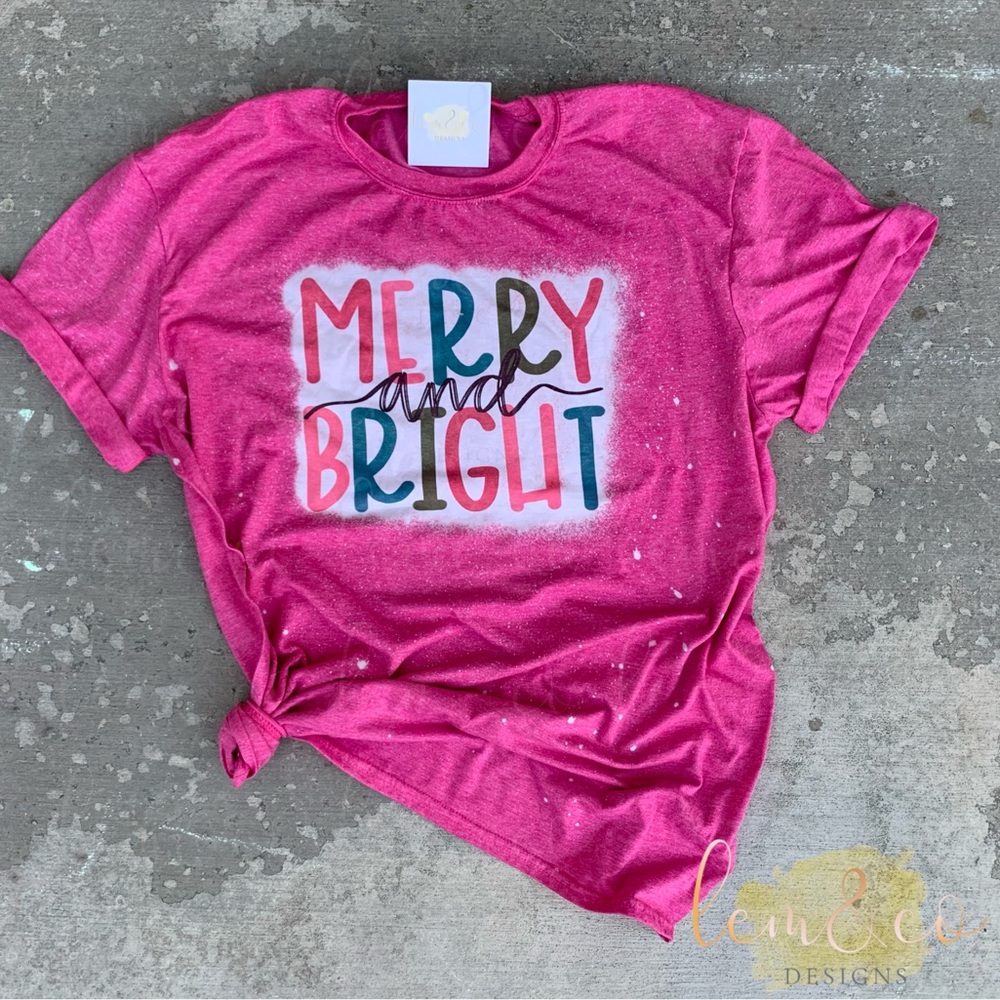 Merry and bright pink bleached Christmas tee